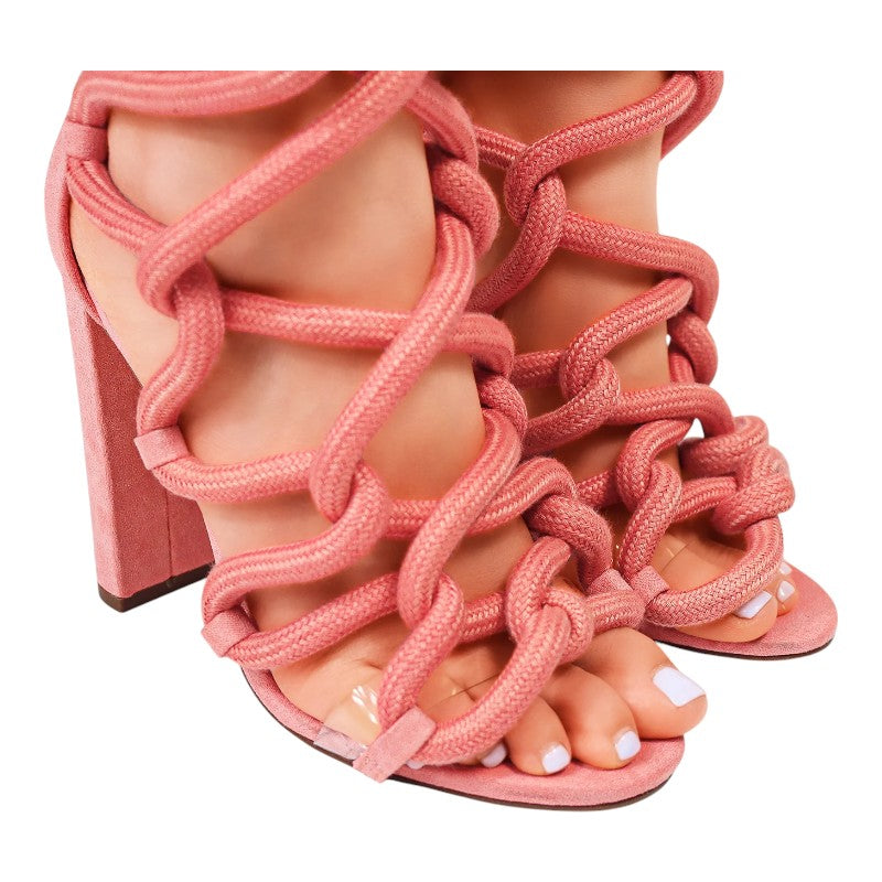 Women Chunky Heel Rope Lace Up High Heel Sandals