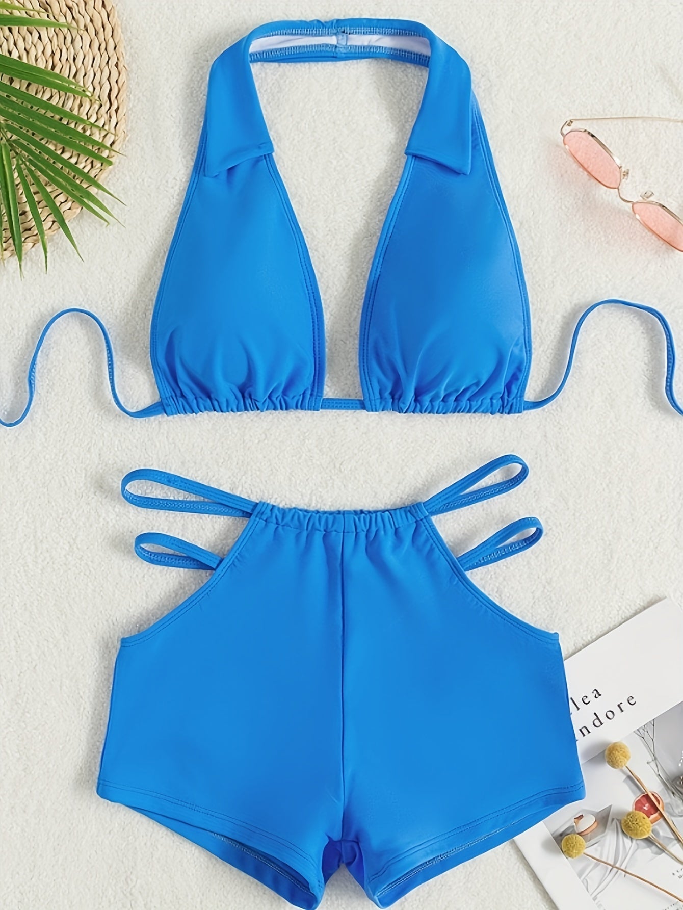 2-Piece Blue Halter Neck Tie Back Hollow Out Backless Bikini Set - Chic Swimwear for Women with Shorts, Comfortable and Stylish Swimwear for Summer Vacation
