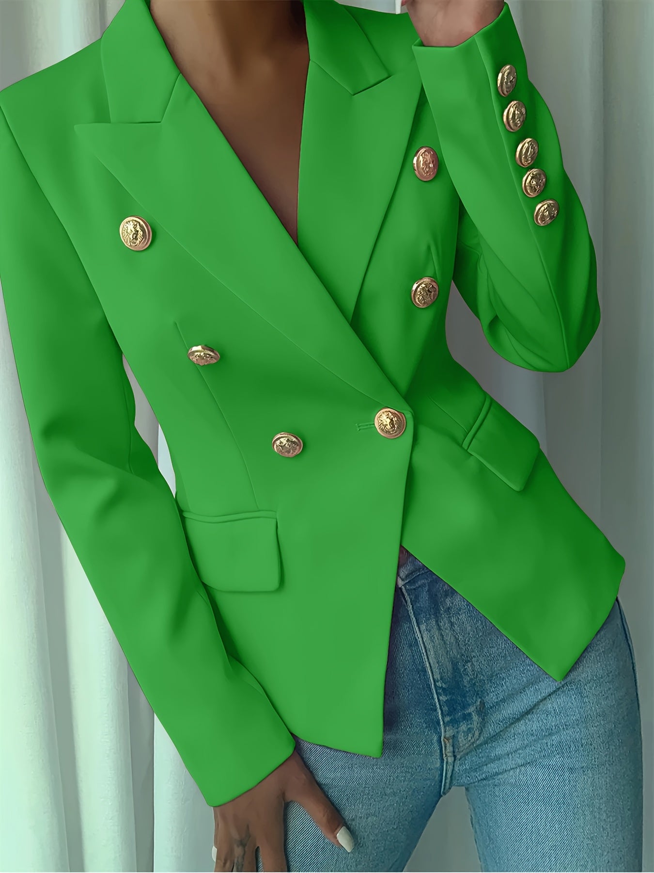 Women's Elegant Pink Double-Breasted Blazer - Polyester, Long Sleeve, Lapel Collar with Golden Buttons, Stylish Work Office Jacket