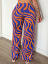 Women'S High-Waisted Flared Pants with Vibrant Orange and Blue Wavy Print, Stretchy Polyester Fabric, Perfect for Spring/Summer/Fall, Casual to Semi-Formal Attire
