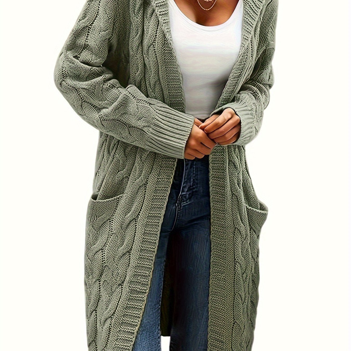 [Open Front] Women's Casual Cardigan - Black Cable Knit, Long Sleeve, Open Front with Pockets - Relaxed Fit for Fall/Winter