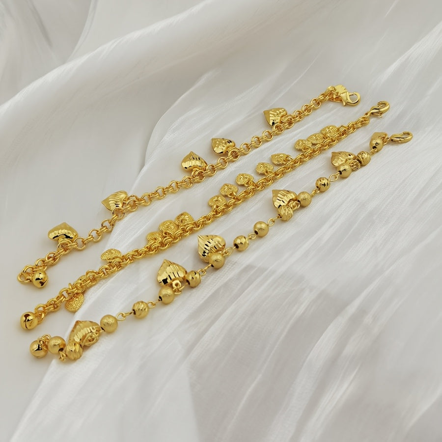 3pcs Luxurious Golden-Toned Heart Pendant Bracelet Set for Women - Boho Chic Style, Ideal for Weddings, Birthdays, Parties, Valentine's & Ramadan Gifts, Jewelry Set