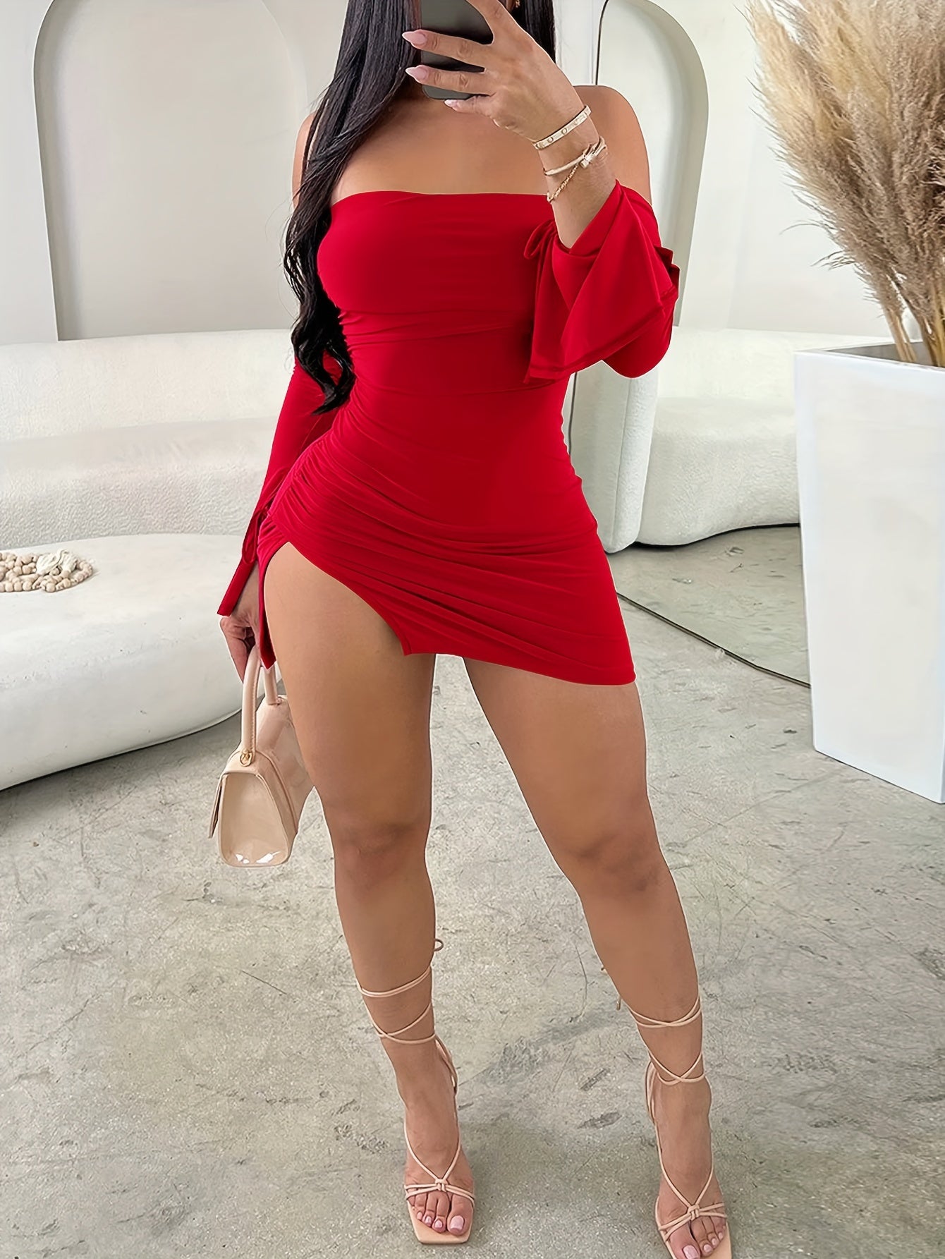 Women's Sexy Off-the-Shoulder Bodycon Mini Dress - Polyester Knit Fabric, Elegant Solid Color with Side Split Detail, Elasticized Polyester 95%, Elastane 5% Blend for All Season Appeal