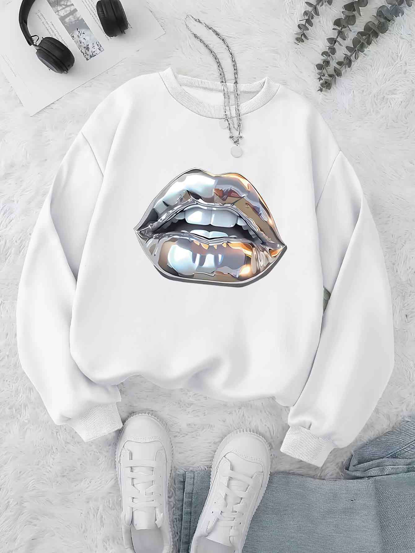 Women's Casual Crew Neck Sweatshirt with Geometric Lips Print, Long Sleeve Pullover, Knit Fabric, Regular Fit - 50%, Polyester 50% Blend, Machine Washable for Fall & Winter
