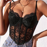 Women'S Floral Lace V-Neck Corset Top, European Style Sexy See-Through Pullovers, All-Season Knit Fabric with Medium Stretch, 95% Polyester 5% Elastane, No Padding, Regular Fit for Going Out