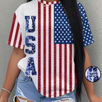 Women's Printed, Non-Glitter Sequin Flag Print Casual T-Shirt - Spring/Summer Fashion Design, Minimalist, Romantic Style, Artistic, Casual Attire, Vacation Look, Versatile and Stylish