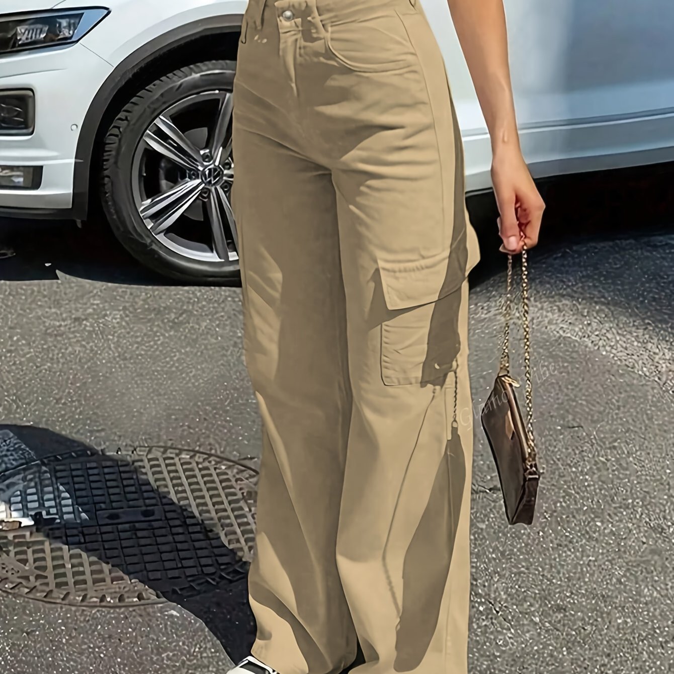 Women'S Casual Solid Cargo Pants, Polyester High Waist Wide Leg Pants with Pocket, All-Season Woven Fabric, 150g/㎡ Weight