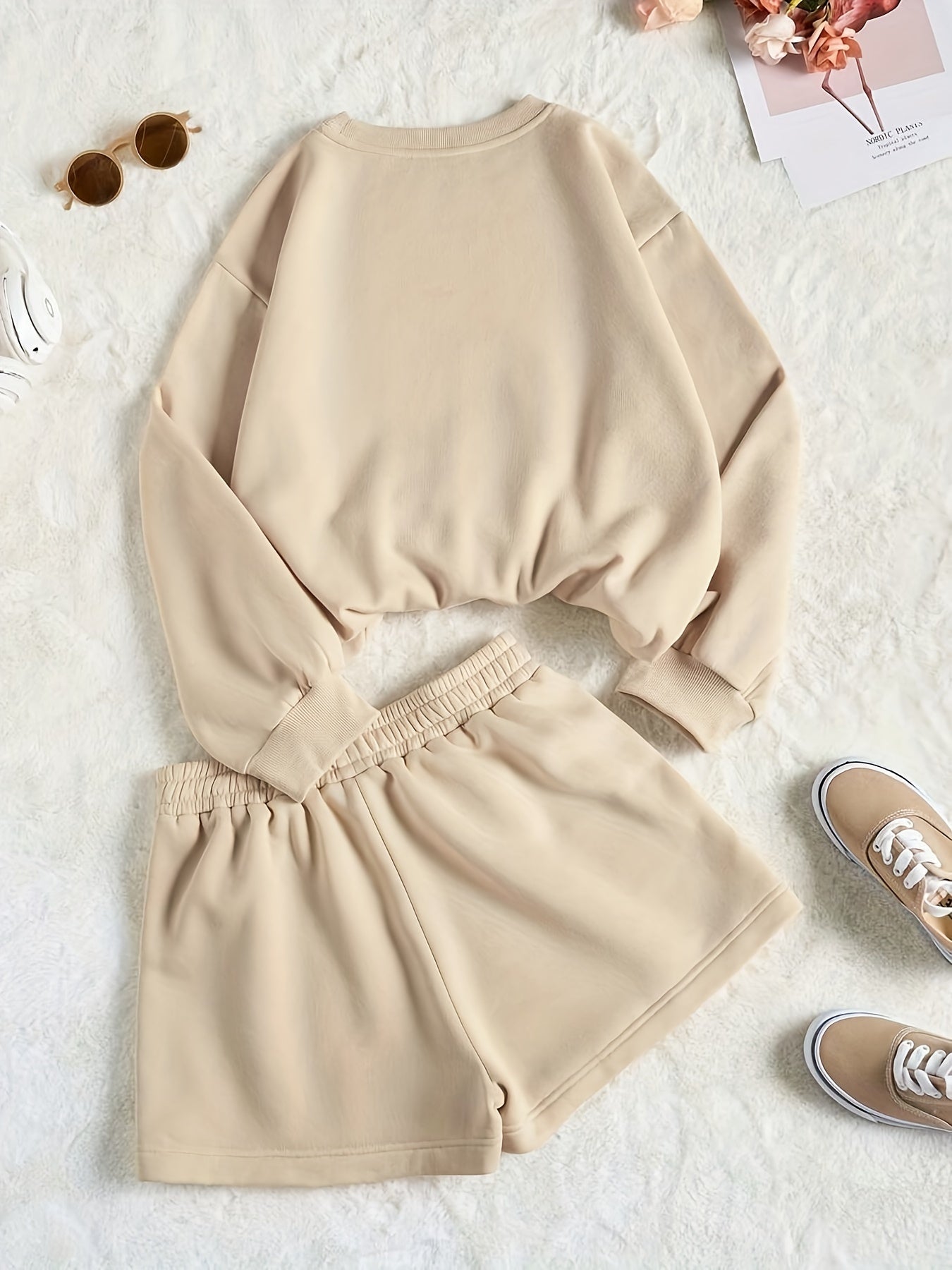 Women's Crew Neck "California" Graphic Sweatshirt and Drawstring Waist Shorts Set, Casual Sporty Loungewear Outfit