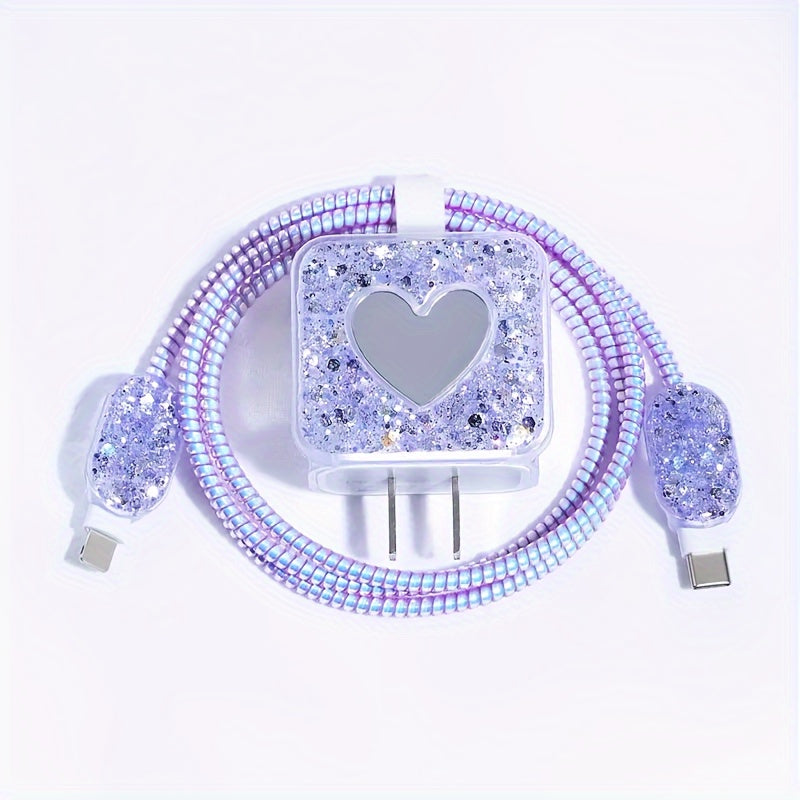 5pcs Purple and Black Glitter Charger Protective Case for Apple 20w for14 Pro Max/13/12/11 Charger and Data Cable Wrap Protection Set