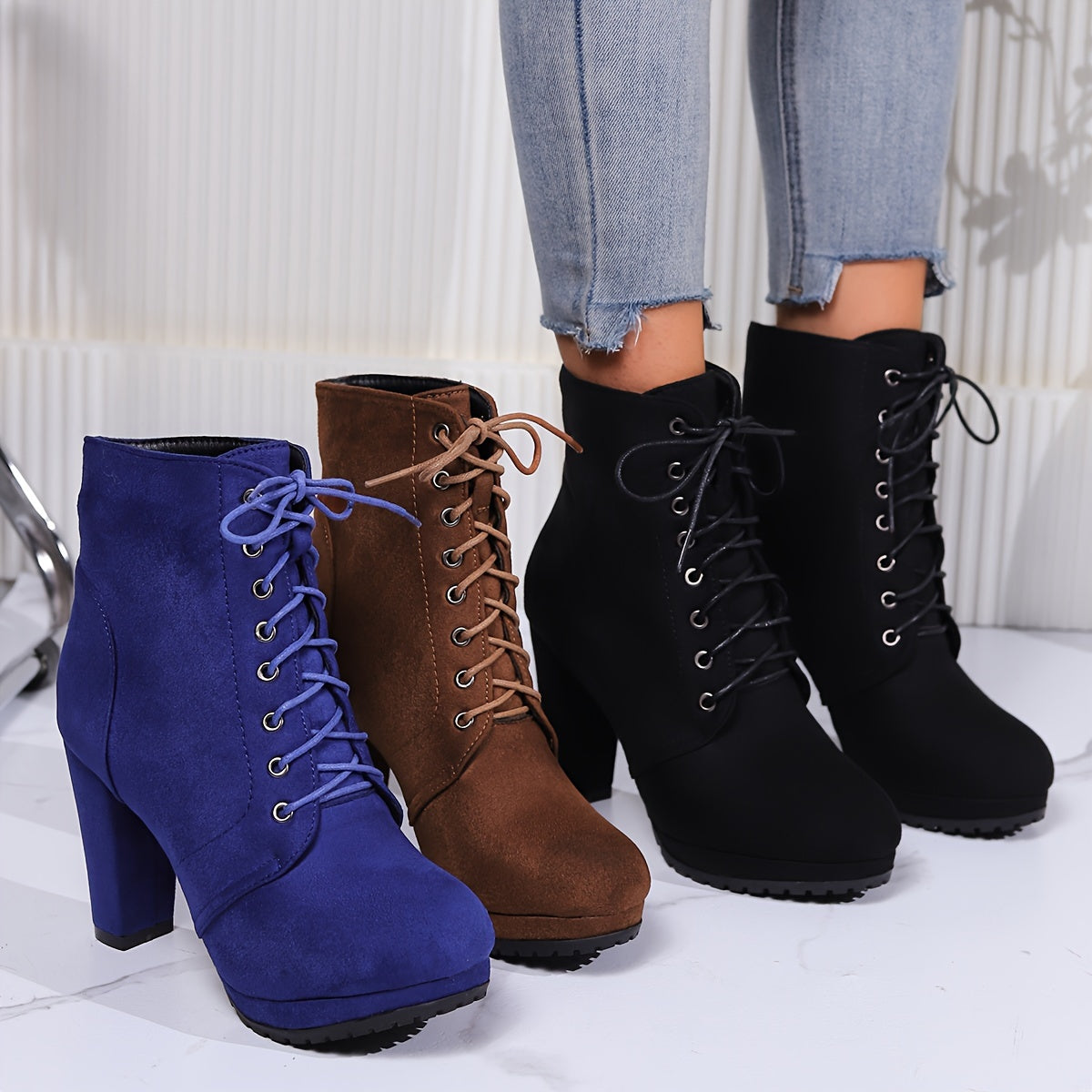 Women'S 2023 Combat Boots - Solid Color Lace-Up, Chunky Heel, Platform, Slim Fit, Round Toe, Fabric Upper, Rubber Sole, Comfortable All-Season Shoes.