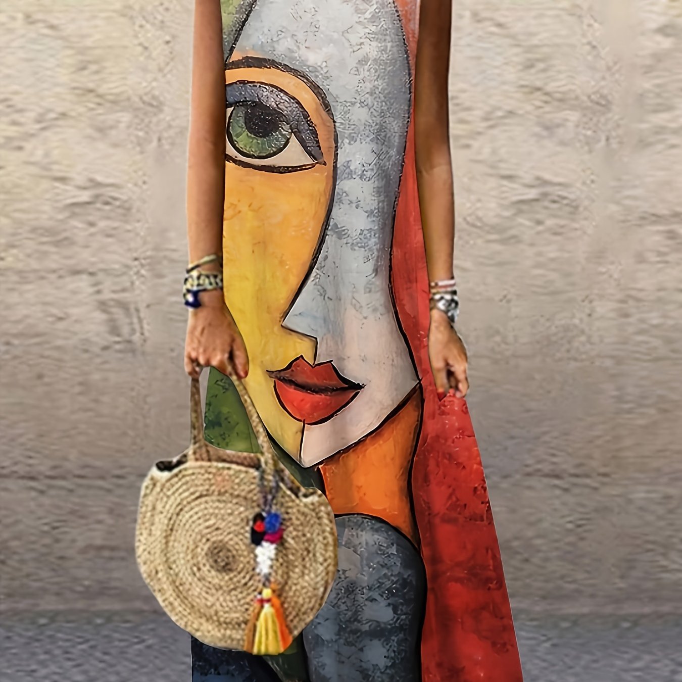 Abstract Print Crew Neck Tank Dress, Casual Sleeveless Maxi Dress For Spring & Summer, Women's Clothing