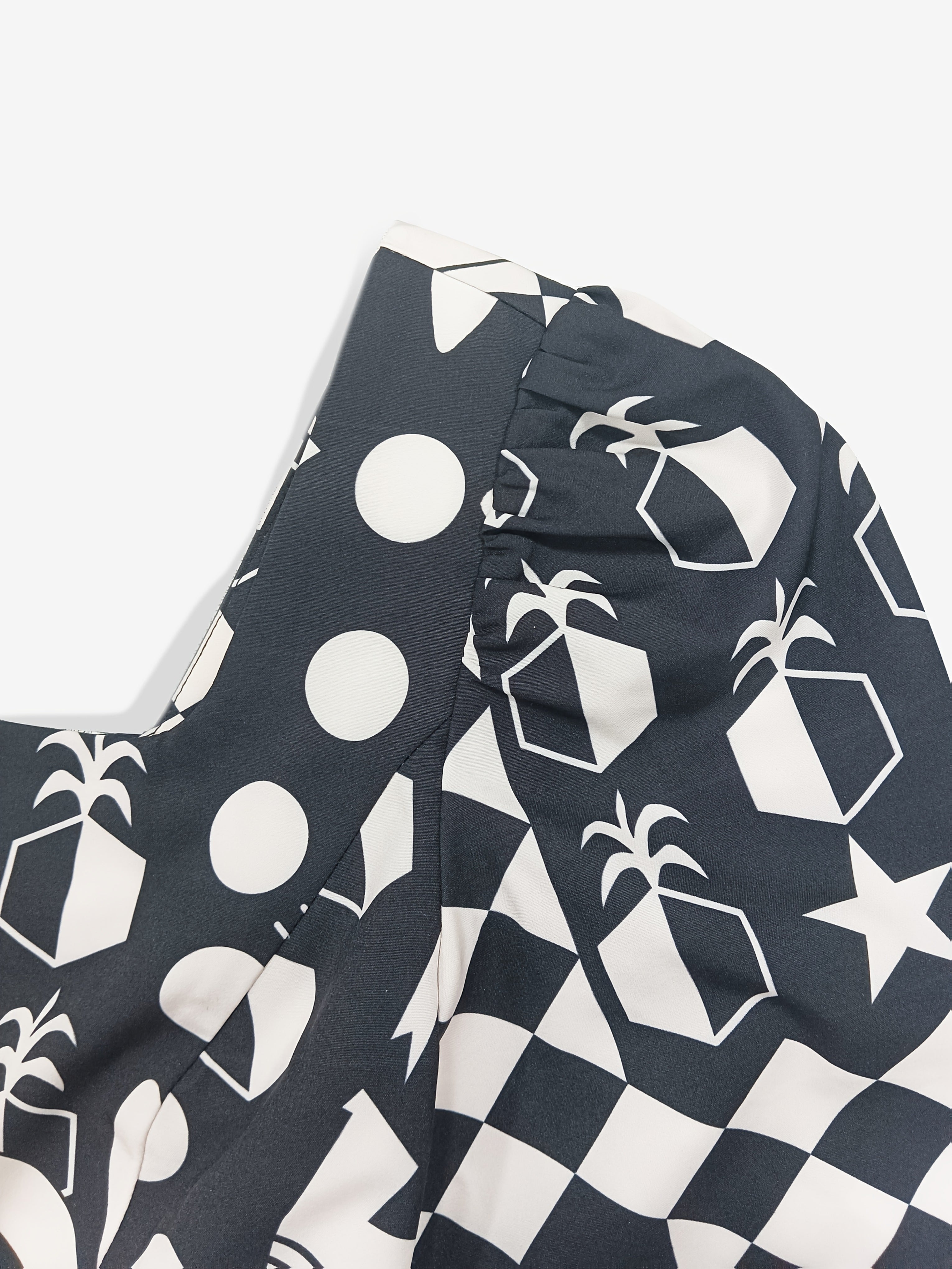 Women's Elegant Geometric Print Lantern Sleeve Square Neck Mini Dress - Black & White Polyester A-Line Dress, Machine Washable, All-Season Chic Outfit, Stylish Daywear | Square Neckline Dress | Sleek Finish Dress