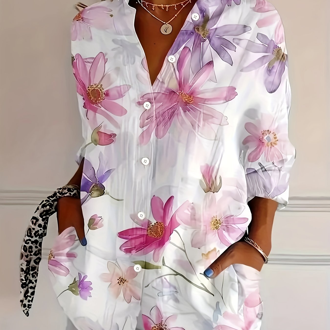 Women'S Floral Print Blouse | Lightweight Polyester | Button-Up with Lapel Collar | Pastel Pink, Purple & White Flowers | Machine Washable | Spring/Summer Fashion Top for Casual or Dressy Occasions, Ladies Blouses
