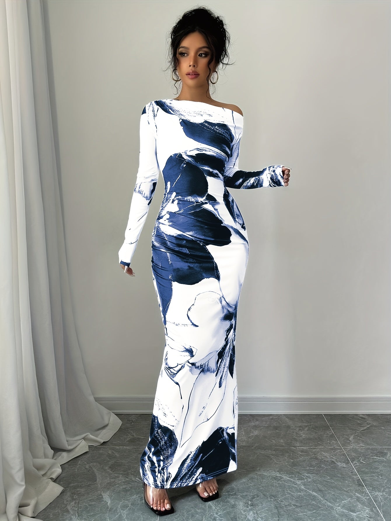 Elegant Off-Shoulder Floral Print Long Dress for Women - Slim Fit, Casual Yet Stylish, Polyester Fabric, Machine Washable, Black & White Floral Design, All-Season Wear, Occasion Dress | Offshoulder Gown | Glossy Texture