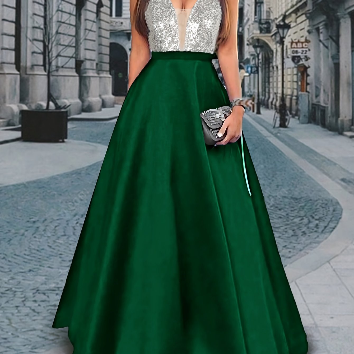 Women's Elegant Sleeveless Deep V-Neck Sequin & Satin Evening Gown - A-Line Mermaid Formal Dress with Super Long Train for Weddings, Galas & Special Occasions, Wedding Guest Attire | Sequined Bodice