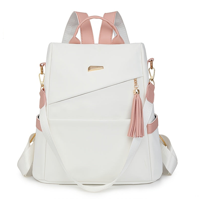 [Travel Ready] Elegant Women's Anti-Theft Lightweight Backpack - Chic White with Pink Accents, Large Capacity, Adjustable Straps, Tassel Detail, PU Material, Perfect for Travel & Daily Use