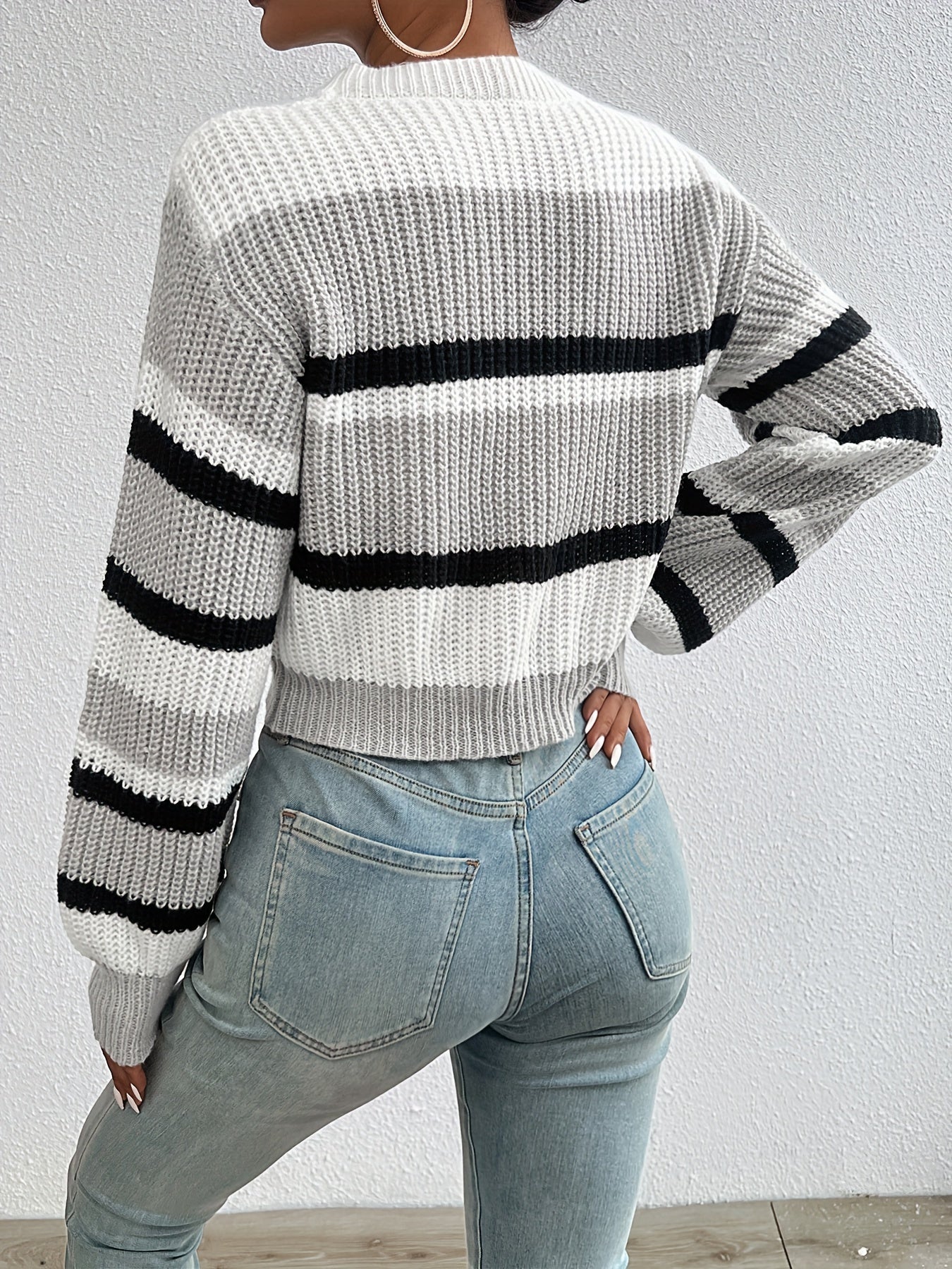 Casual Colorblock Knitted Crew Neck Sweater - Drop Shoulder Long Sleeve - Women's Clothing