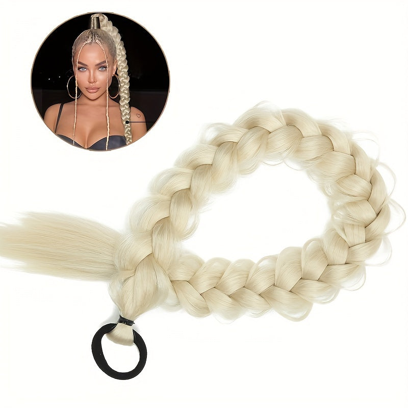 Braided Long Ponytail Extensions With Elastic Band Hair Synthetic Fiber 24Inch Blonde Braids Pony Tail Hair Accessories For Party Daily Use Halloween Christmas