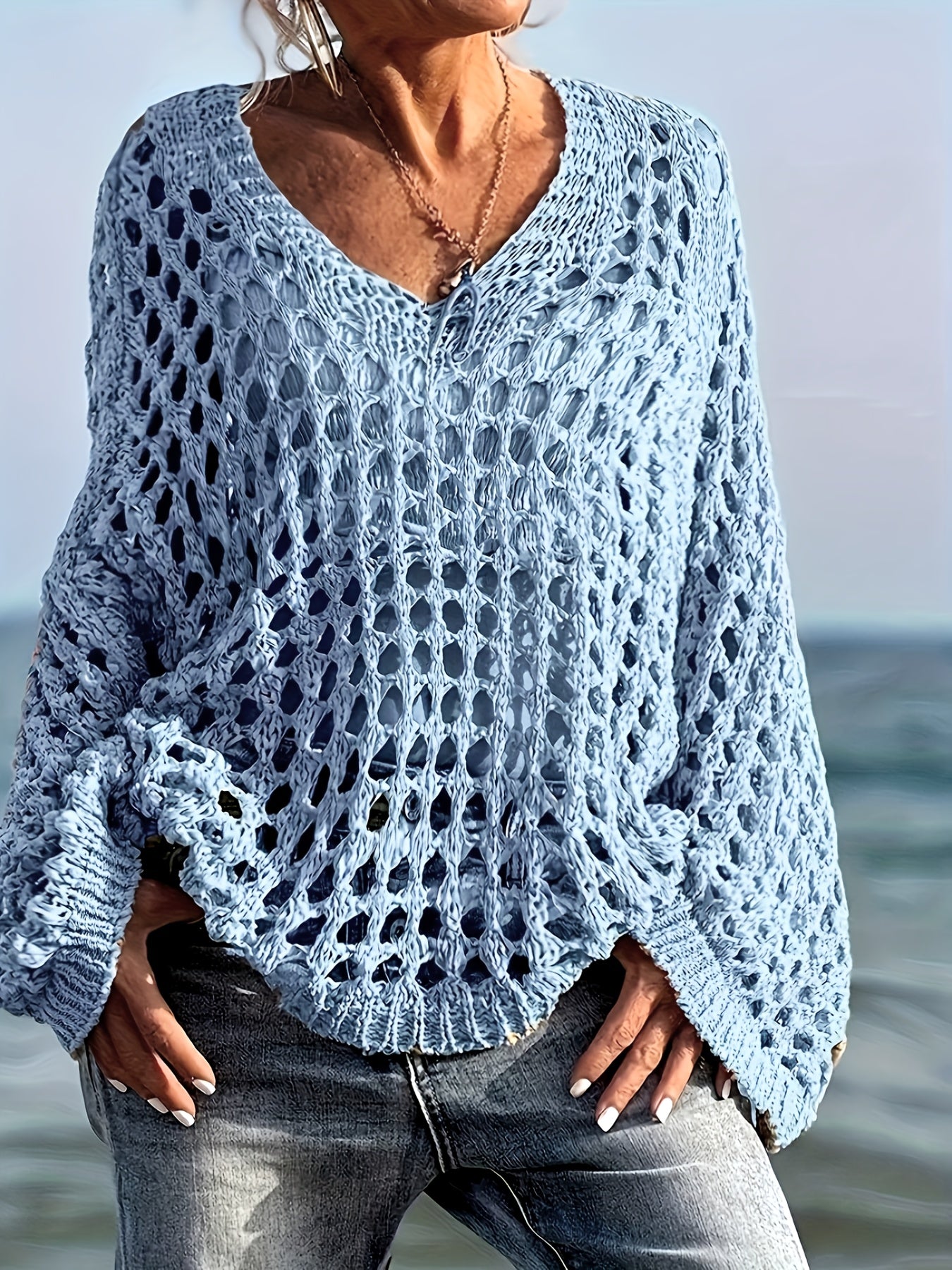 [Beach-Ready] Women's Crochet Knit Top | Long Sleeve | Polyester | Breathable | Casual | Spring & Summer