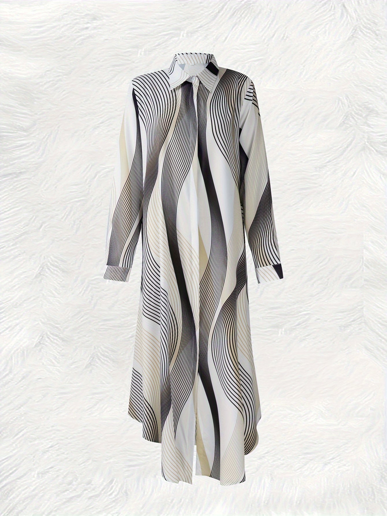 Geo Print Button Front Dress, Vacation Long Sleeve Shirt Dress, Women's Clothing