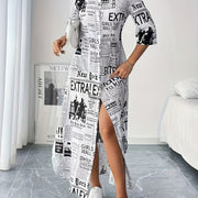 Women'S Elegant Newspaper Printed Shirt Dress with Three Quarter Sleeves and Button Details