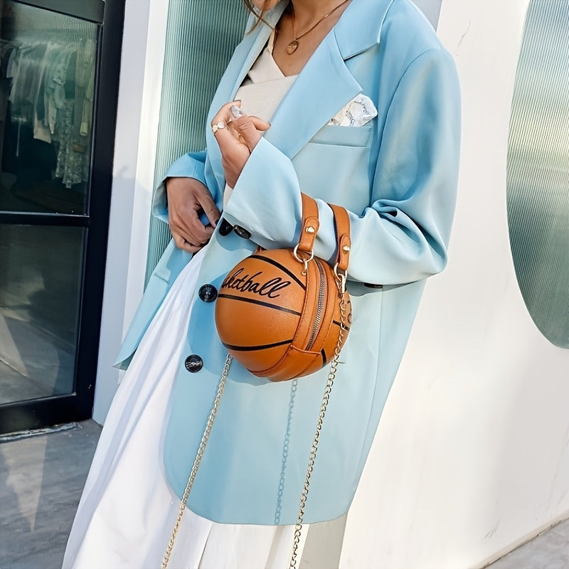 Stylish Women's Basketball Crossbody Bag - Chic PU Shoulder Bag with Zip Closure, Polyester Lining, Perfect for Sports Enthusiasts, Basketball Messenger Mini Round Bag PU Clutch, Suitable for Dates, Work, Vacation, Parties, C
