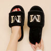 Women's Plush Slippers with Metallic "M" Design - Soft Sole, Cozy Fuzzy Fabric, Black & White Options, Comfortable Indoor Shoes for All Seasons, Ladies Slippers