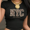 Women'S Casual Leopard Print NYC Graphic Crop Top T-Shirt - Crew Neck, Short Sleeve, Spring/Summer Fashion, Black with Golden Lettering, Leopard Print Shirt