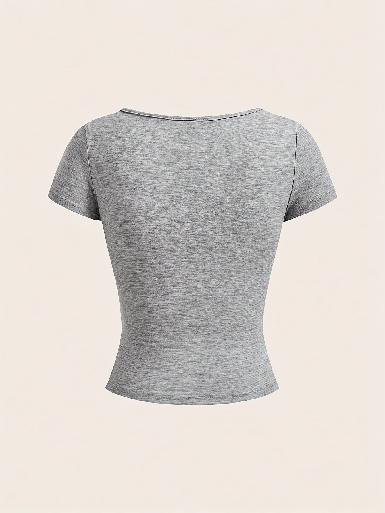 Ezwear Light Gray Knitted Women'S Summer Short-Sleeve Fitted T-Shirt with Bow Decoration And Square Neckline.