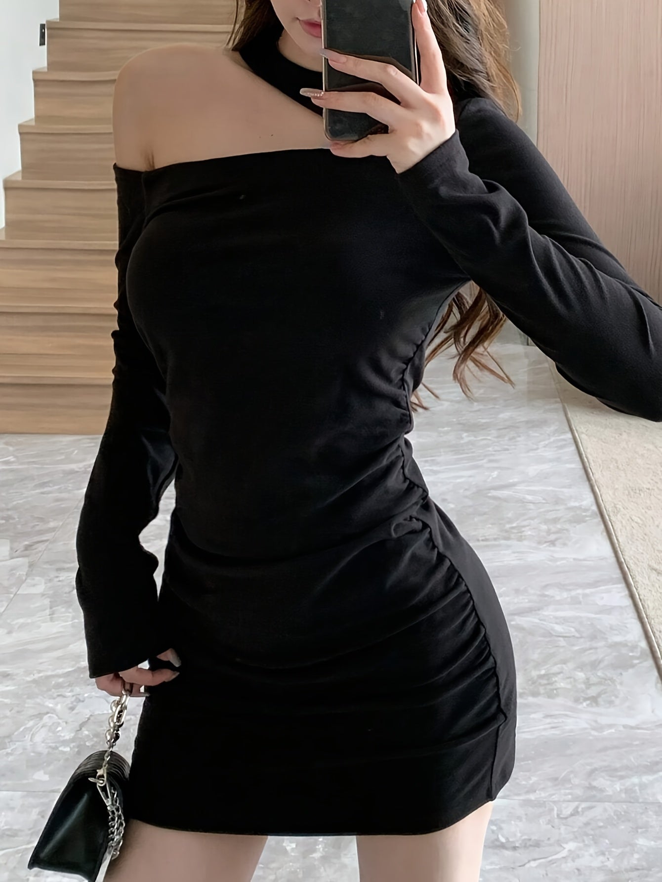 Women'S Solid Color Long Sleeve Off-Shoulder Mini Dress - Elegant Brown Bodycon with Ruched Detail, Perfect for Spring/Summer, Casual to Formal Attire, Formal Attire|Elegant Offshoulder|Ruched Detail