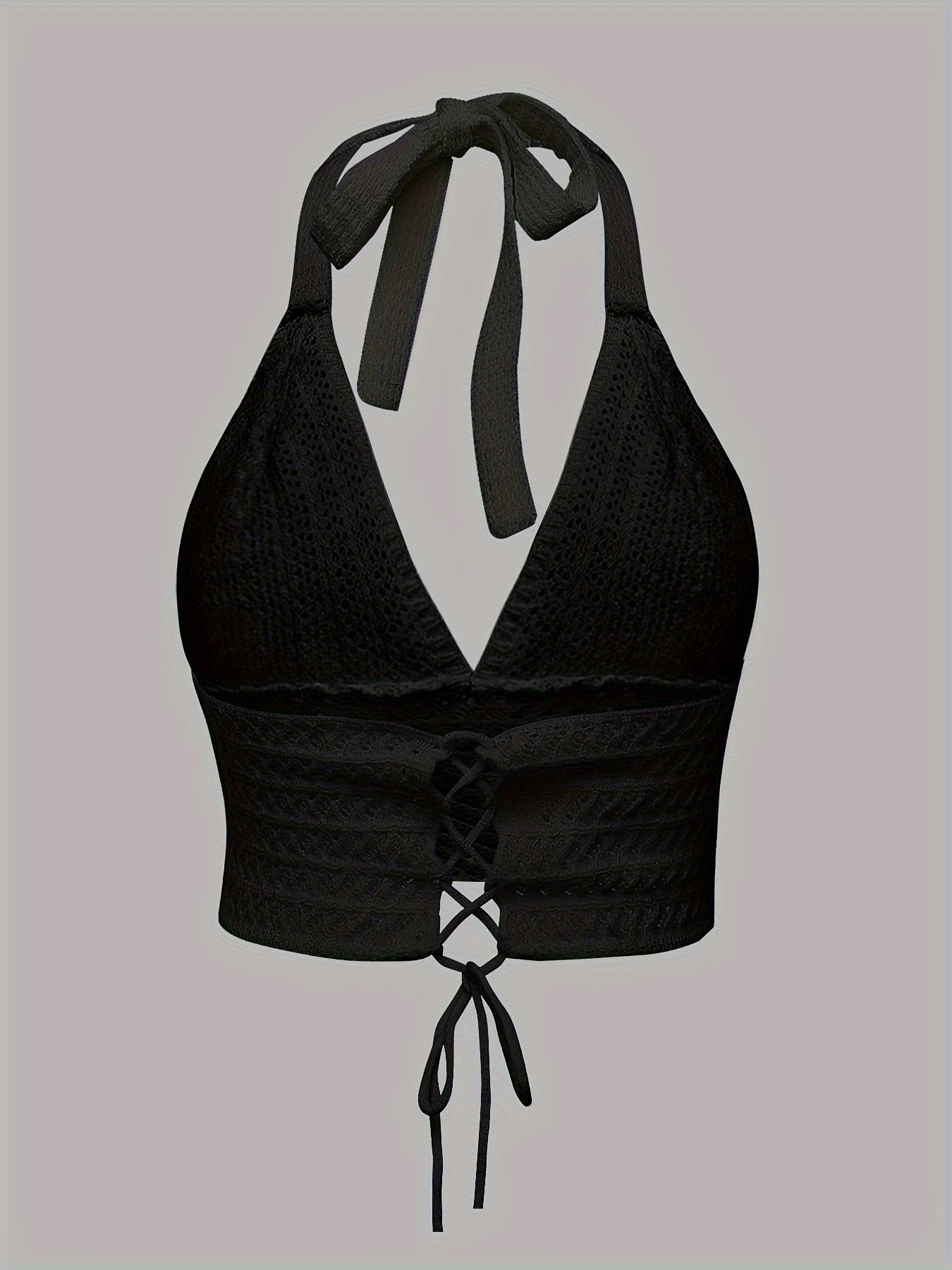 Solid Cross Tie Back Halter Top, Versatile V-neck Backless Crop Knitted Top, Women's Clothing