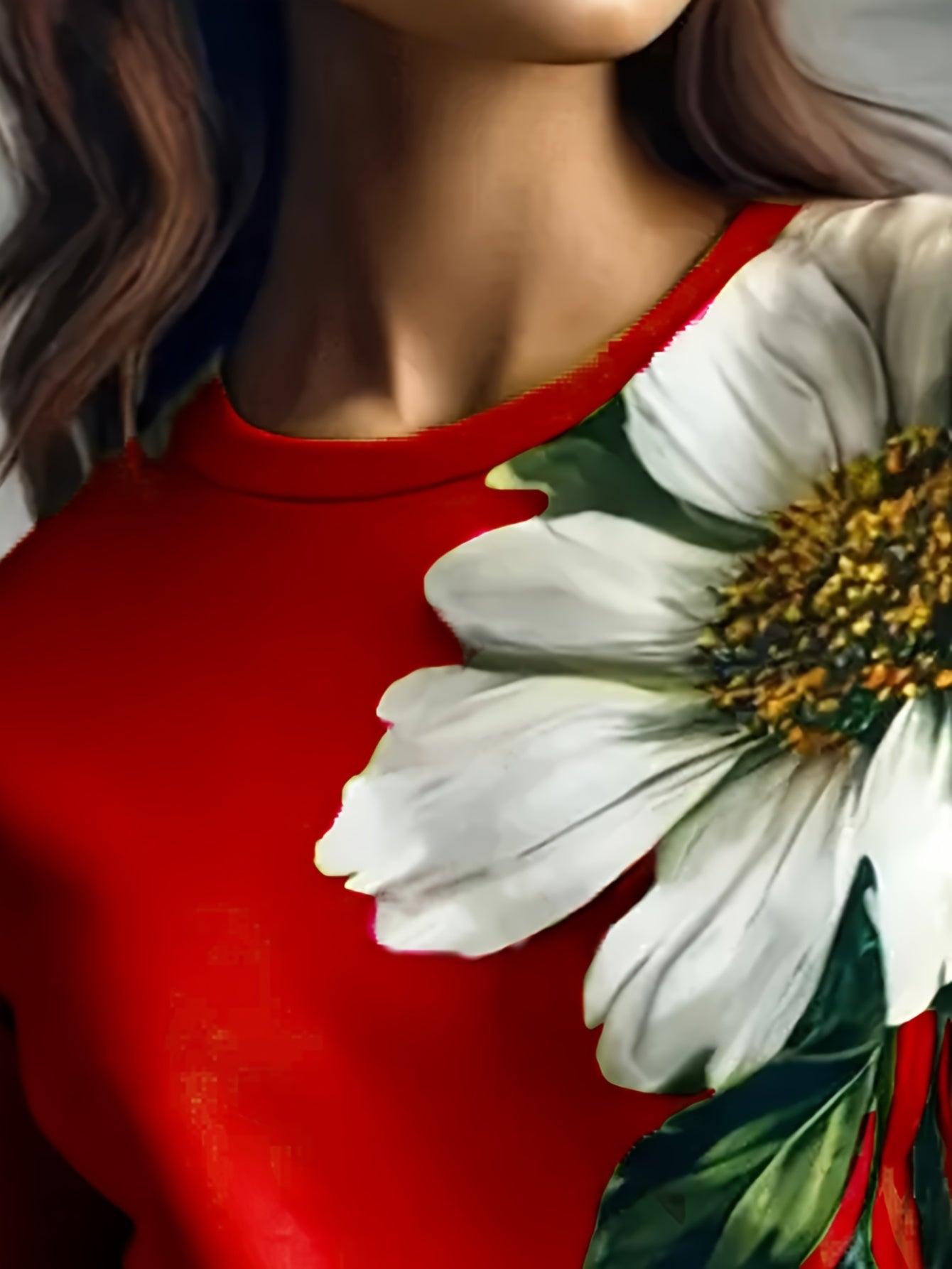 Women's Elegant Floral Print Short Sleeve T-Shirt - Bright Red with White Daisies and Green Leaves, Breathable Spring/Summer Casual Top | Floral Casual Tee | Comfort Fit, Women's T-Shirt