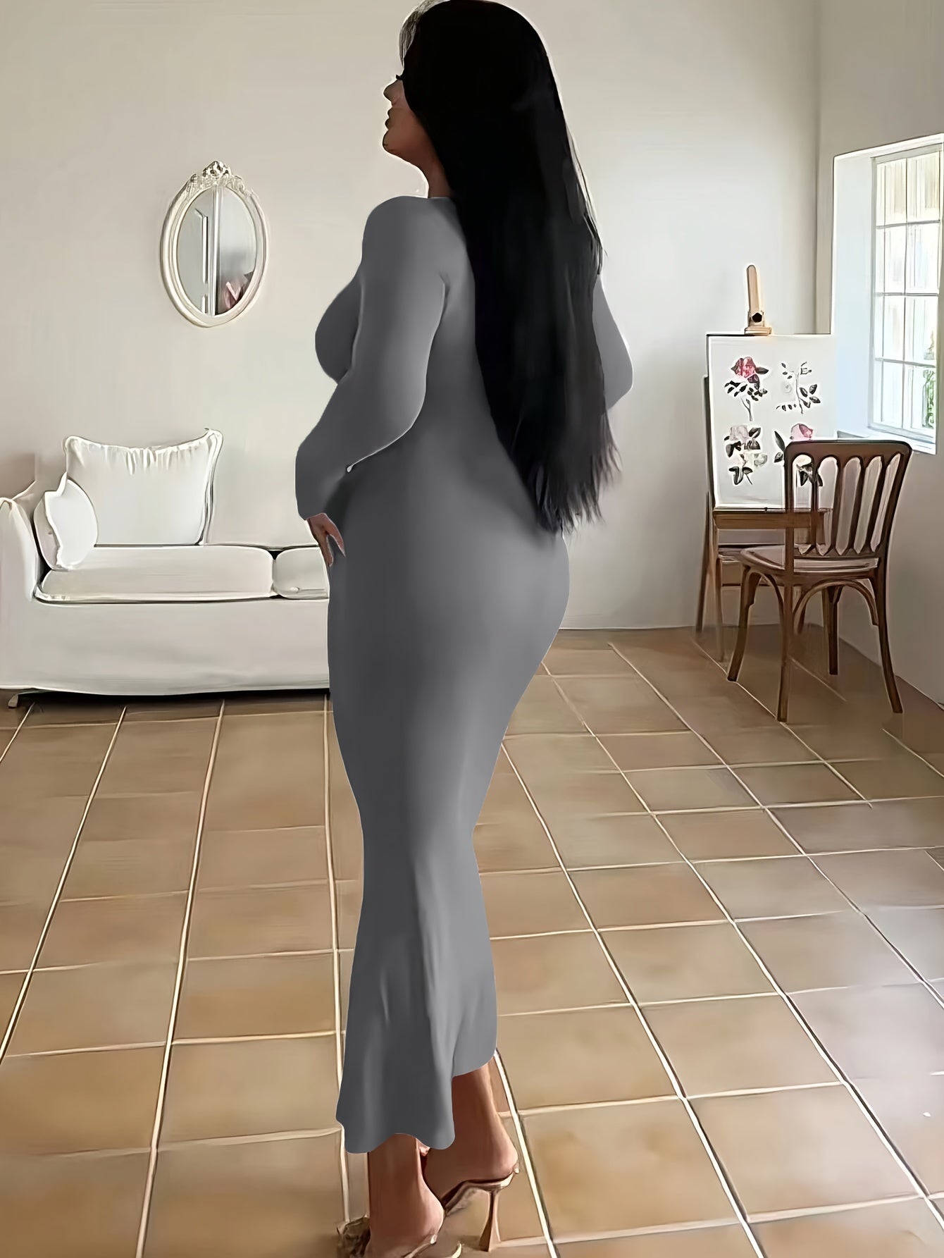 [Sexy Autumn Dress] Ultra-Long Women's Autumn Dress - Form-Fitting, A-Line Silhouette, Long Sleeves, Square Neckline, And a Sexy, Tailored Fit