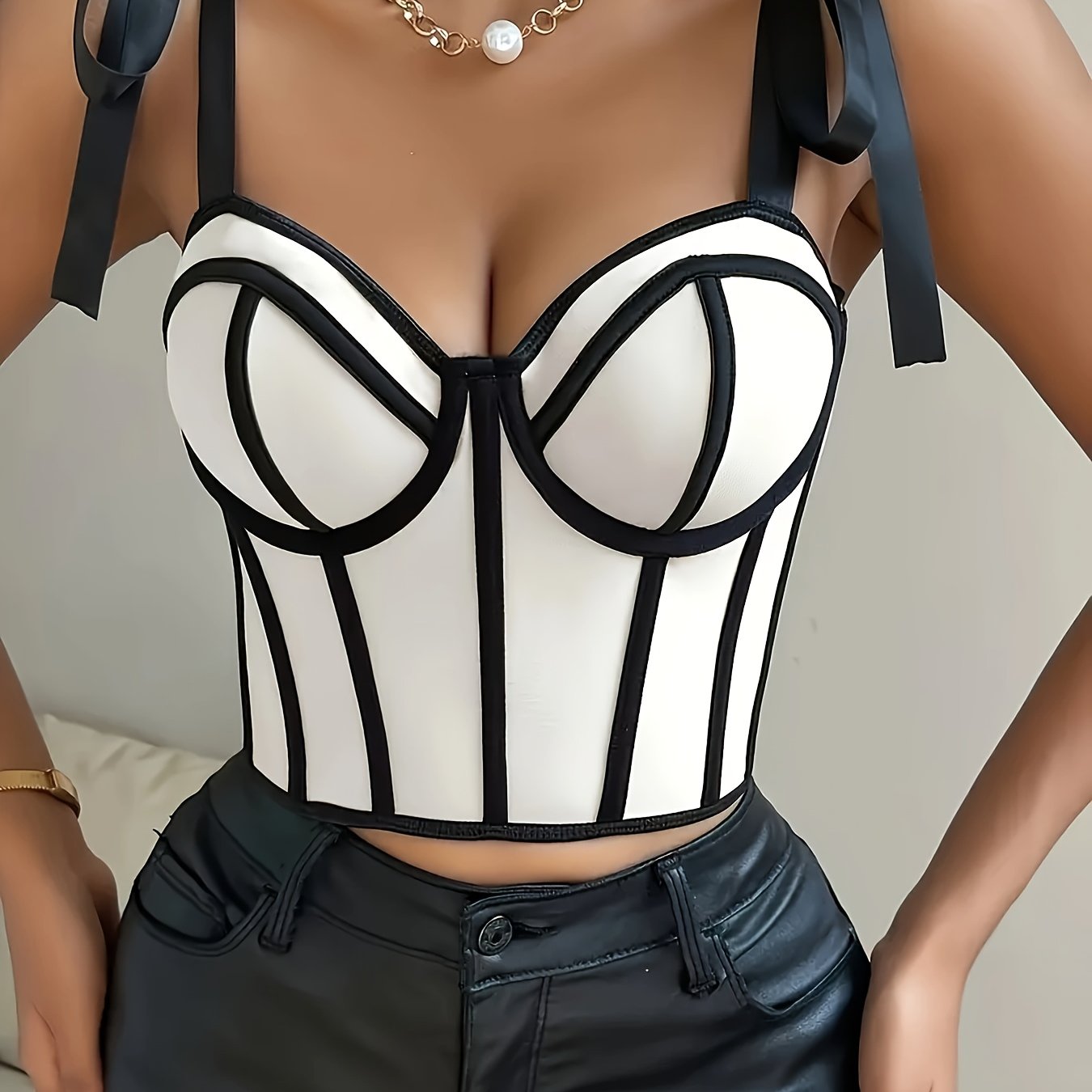Elegant Black and White Ribbon-Embellished Mesh Cami Top with Color Block Design and Boning Detail - Sexy Spring/Summer Collection for Women, Womens Fashion|Elegant Halter Top| Delicate Lacing
