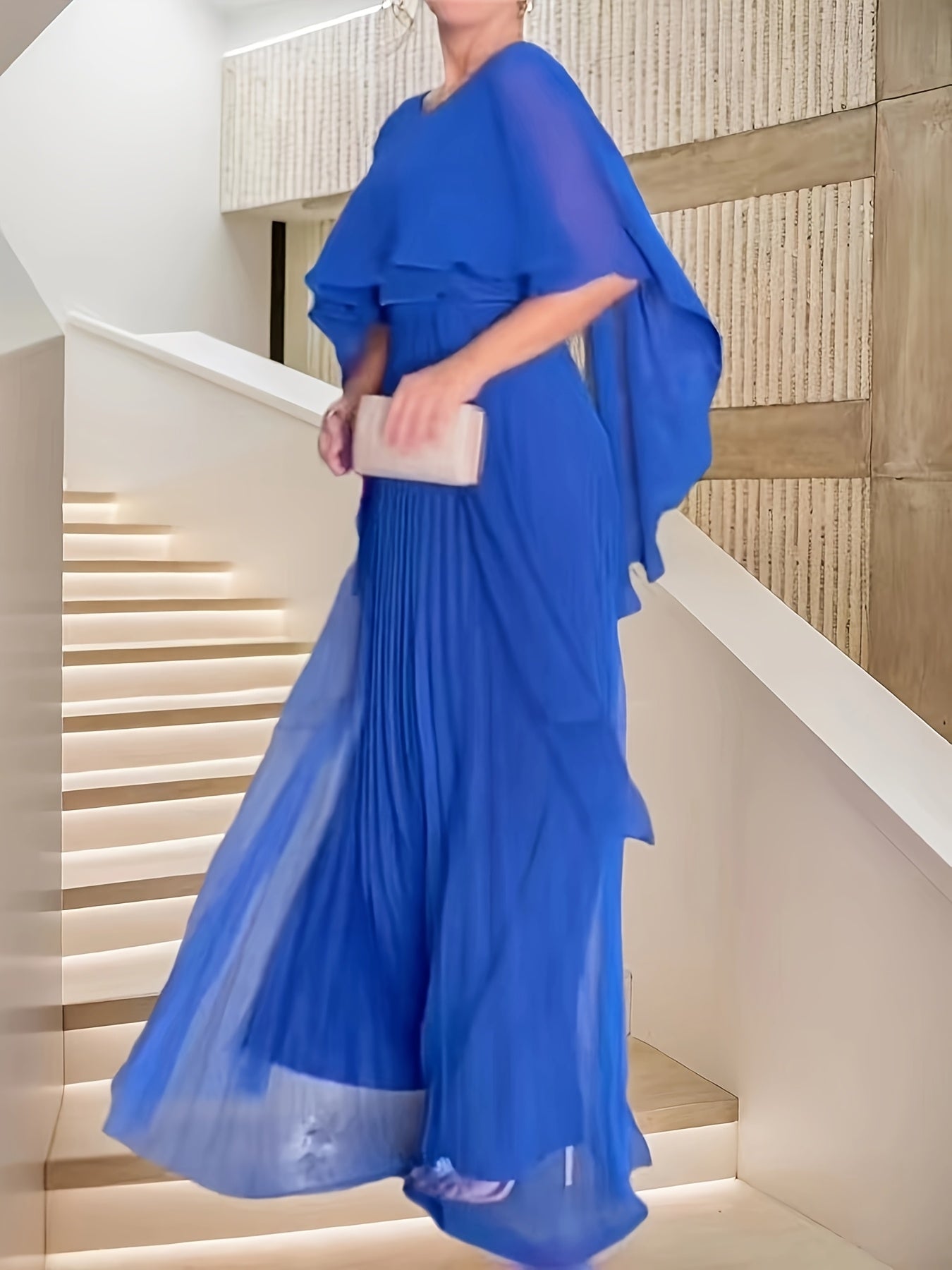Elegant Solid Color Round Neck Pleated Fake Two-Piece Long Swing Dress