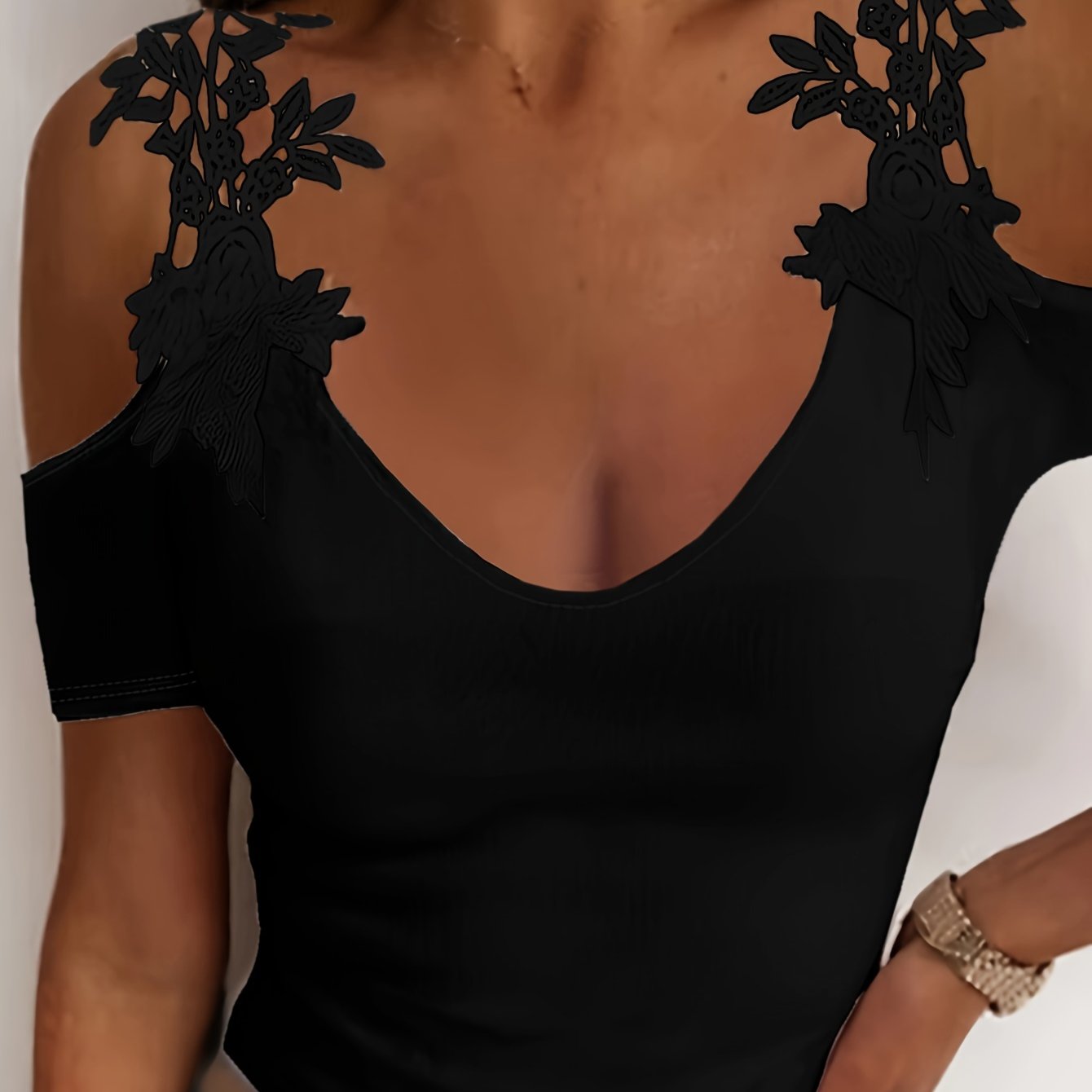 Cold Shoulder Lace Strap T-Shirt, Casual Short Sleeve T-Shirt For Spring & Summer, Women's Clothing