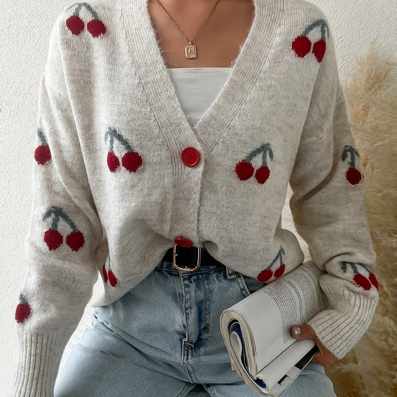 Elegant Cherry Pattern Knit Cardigan for Women - Soft Acrylic Blend, Open Front, Long Sleeve, Cozy Autumn Style with Red Cherry Design on White Background, Cherry Decor