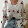 Elegant Cherry Pattern Knit Cardigan for Women - Soft Acrylic Blend, Open Front, Long Sleeve, Cozy Autumn Style with Red Cherry Design on White Background, Cherry Decor