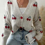 Elegant Cherry Pattern Knit Cardigan for Women - Soft Acrylic Blend, Open Front, Long Sleeve, Cozy Autumn Style with Red Cherry Design on White Background, Cherry Decor
