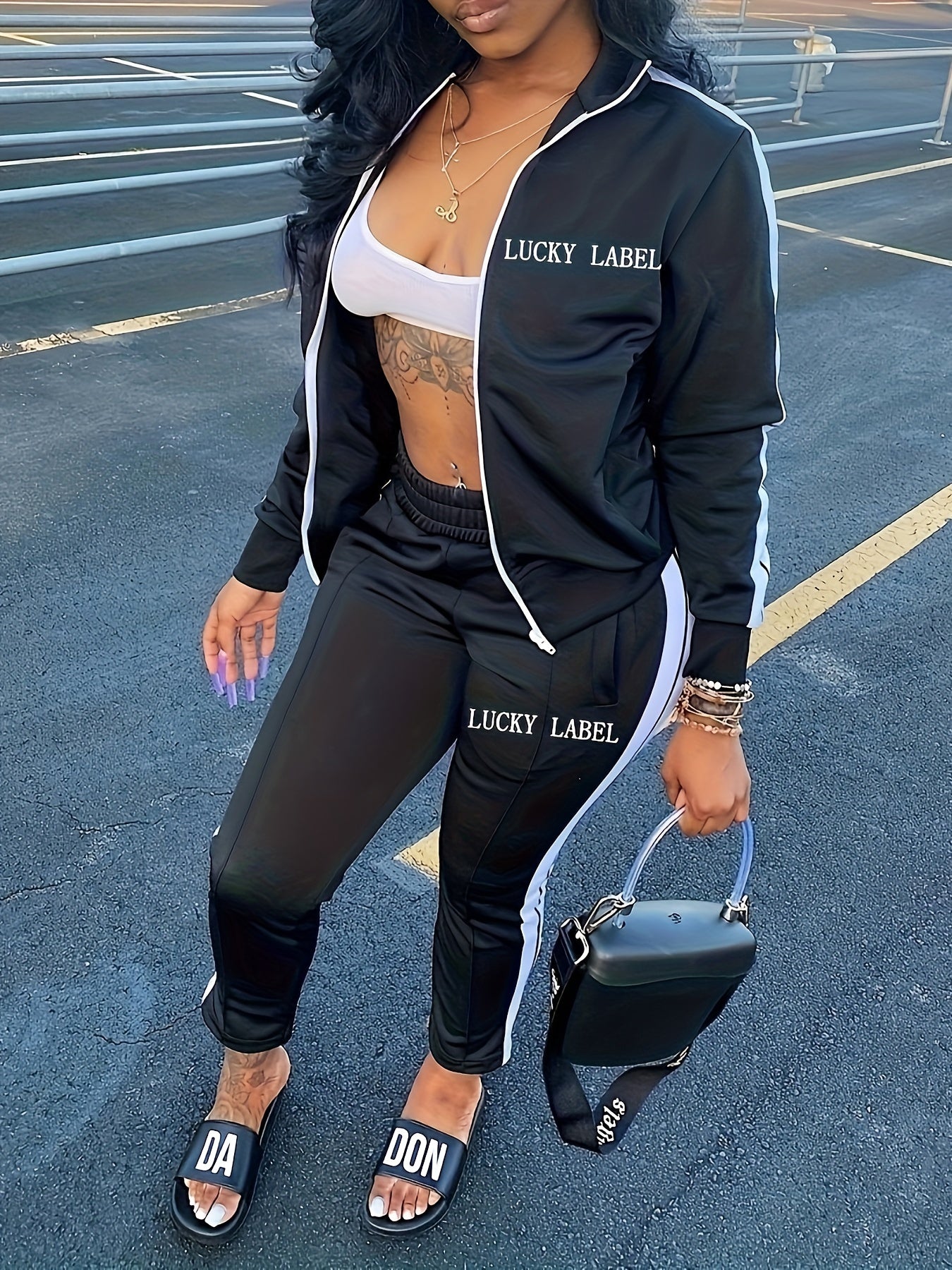 Women's Letter Pattern Striped Two-piece Set, Zip Up Long Sleeve Tops & Elastic Waist Pants Outfits - Casual Style - For Women - Perfect for Daily Wear, Parties & Going Out