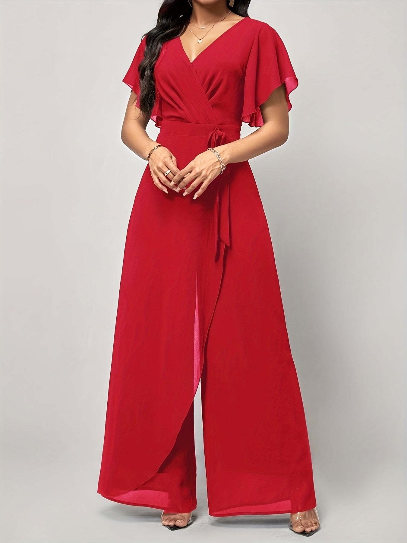 Elegant Green V-Neck Jumpsuit for Women - Solid Color, Wide Leg with Ruffle Sleeves & Tie Waist, Lightweight Polyester, Machine Washable - Perfect for Spring & Summer