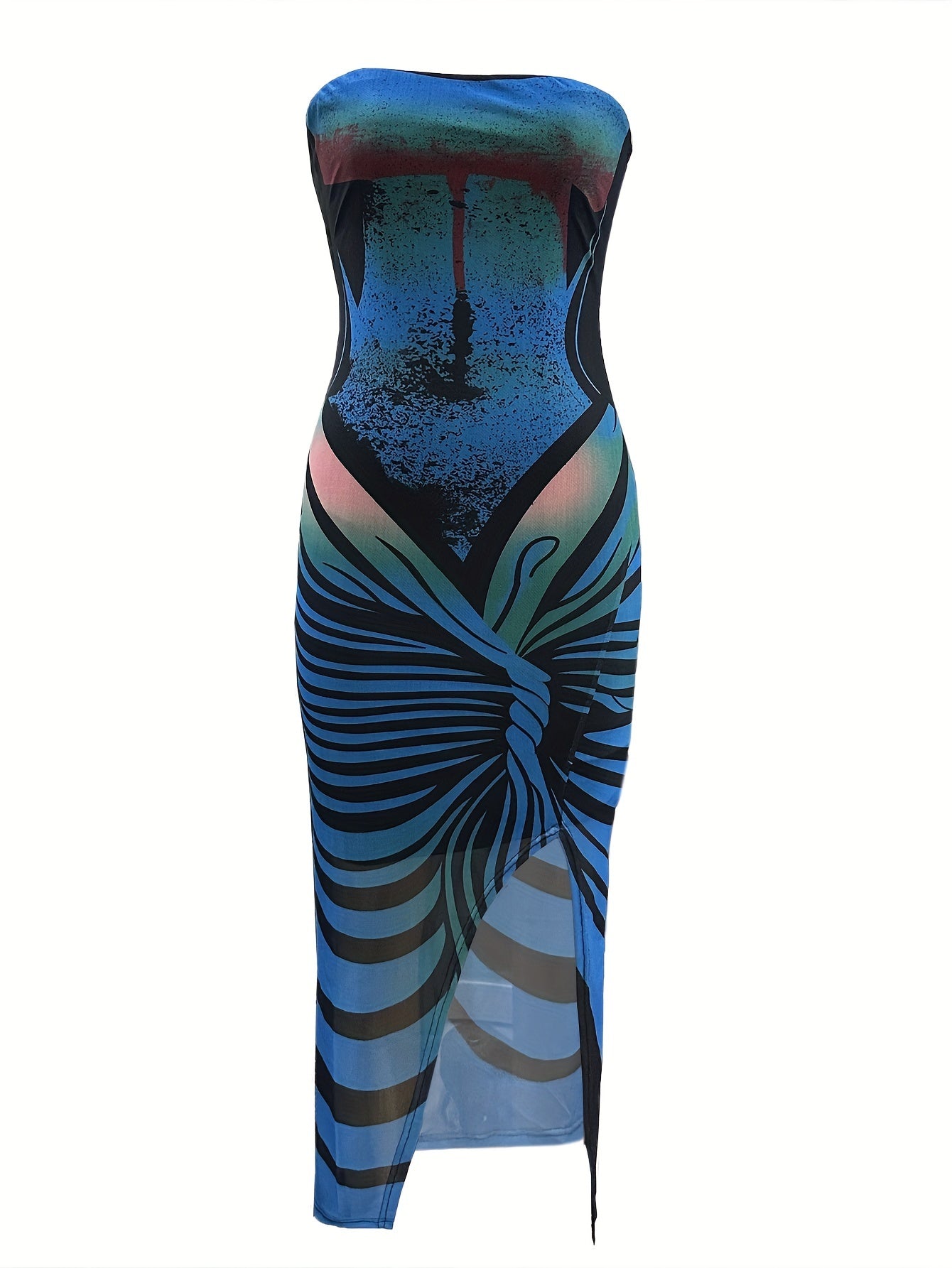 Women'S Sexy Strapless High Slit Maxi Dress, Summer Knit Fabric with Stripe Pattern, 95% Polyester 5% Elastane, Mesh Bandeau Style, 175g/m² Lining Weight, 100g/m² Fabric Weight