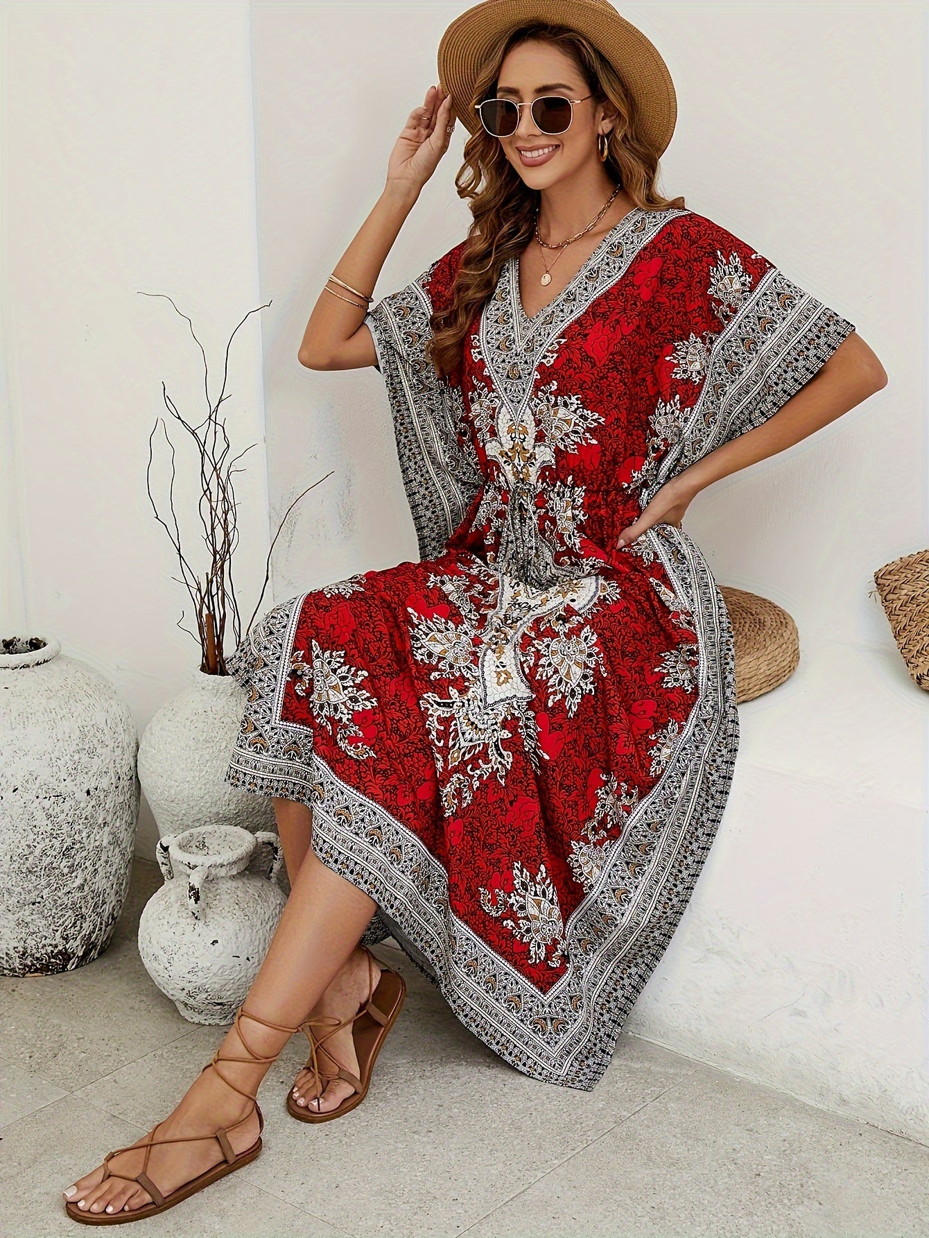 Boho Style Allover Print Cover Up Dress, V Neck Loose Fit Vacay Beach Kaftan, Women's Swimwear & Clothing