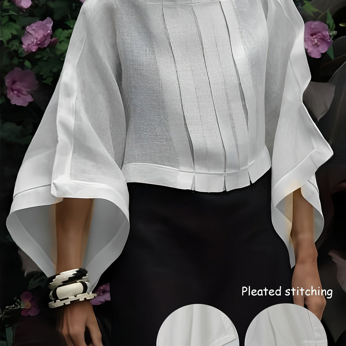 Elegant Polyester Blend 3/4 Sleeve Shirt for Women - Loose Fit Boat Neck Solid Color Woven Shirting with Pleated Detail, All-Season Versatile Top