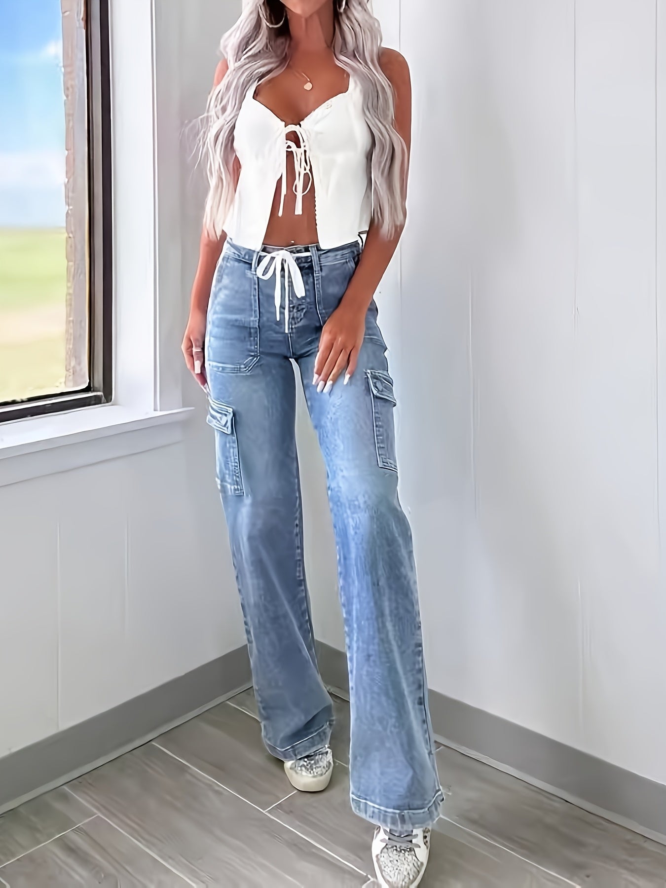 2025 New Style Women'S Leisure Straight-leg Jeans With Laces And Multiple Pockets. Casual Fashion Denim Fabric Sweatpants Jeans Fit Womenswear