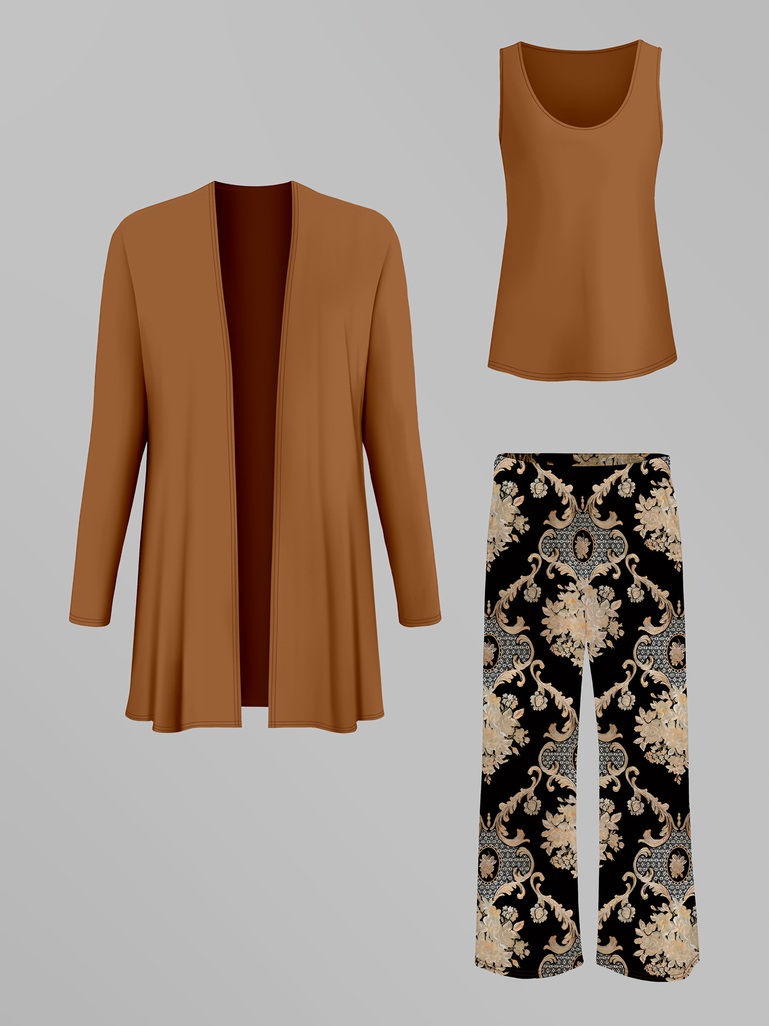 Women'S Elegant Plus Size Solid Color Cardigan and Tank Top Set with Paisley Print Pants - Stylish Three-Piece Outfit for Casual Attire, Casual Attire|Paisley Print Pants|Stretchy Fabric, Plus Size Clothing