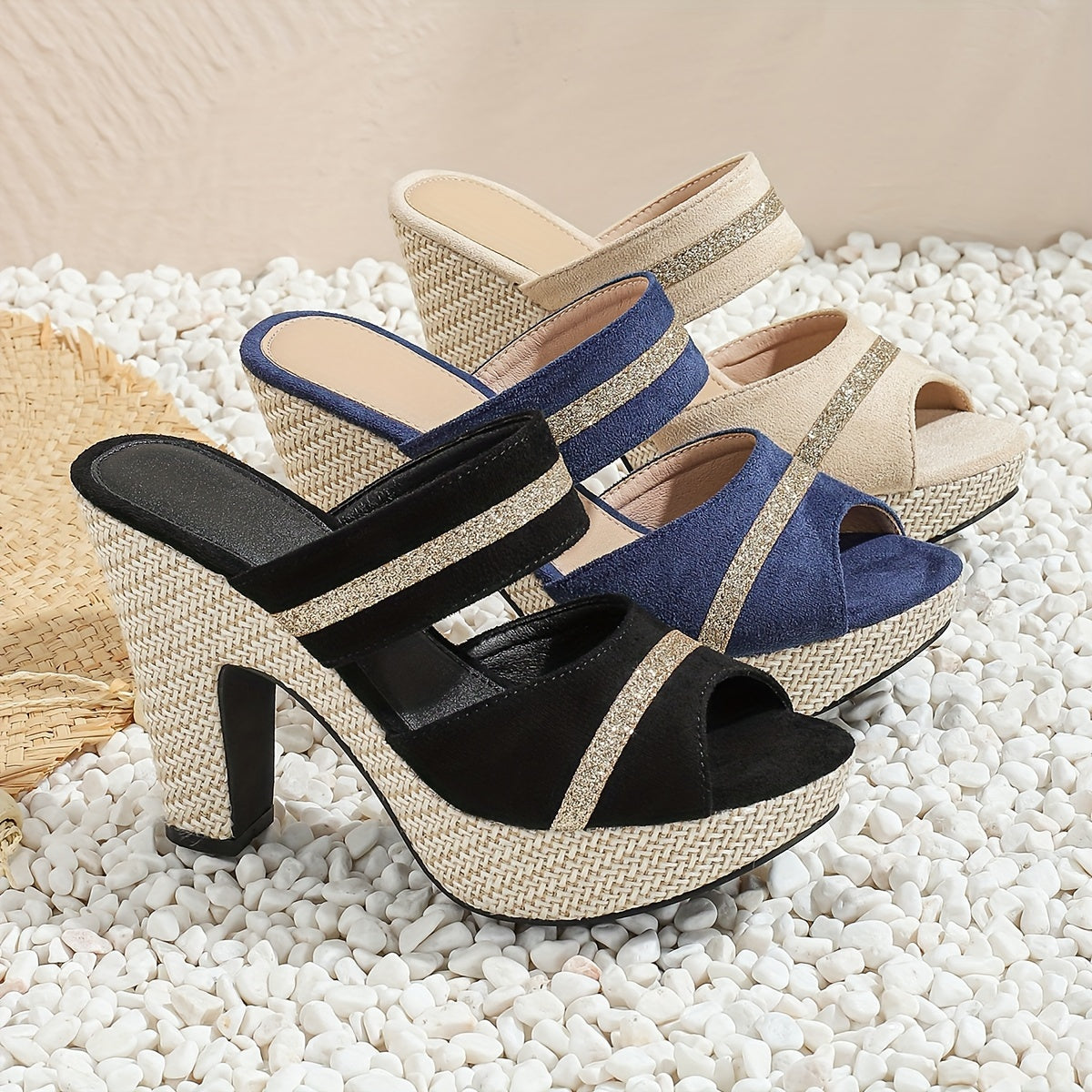 Shimmering Sequined Platform Sandals - Comfortable Double Bands, Stylish Slides for Summer - Dazzling Chunky Heels, Ideal for Music Festival Outfits