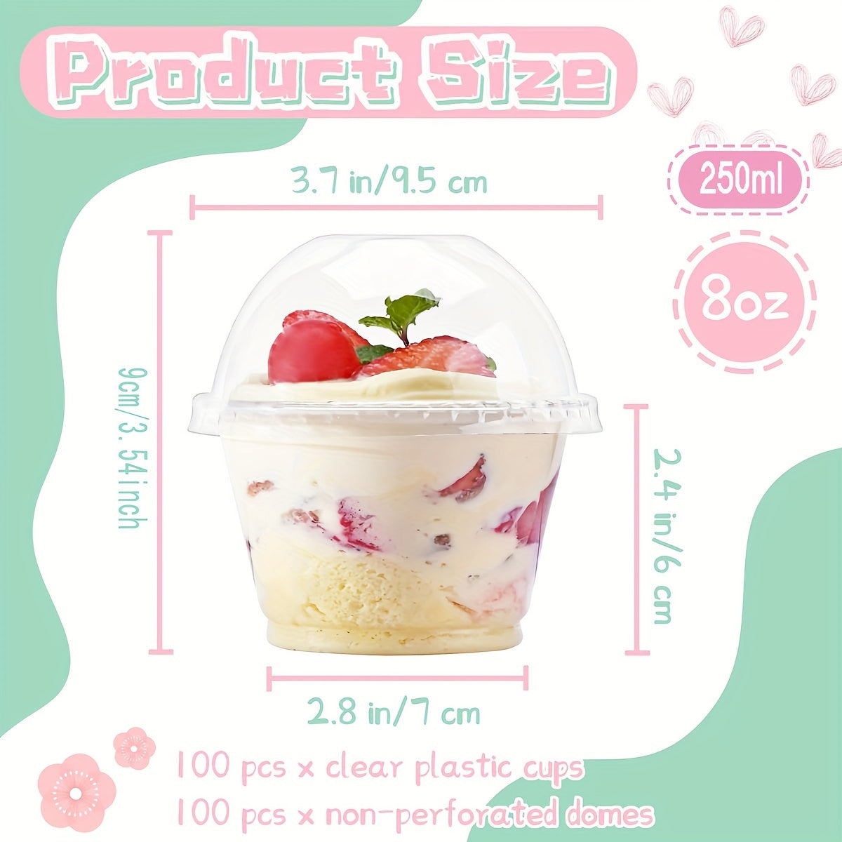 100pcs 8oz Clear Plastic Cup Dome Lid Disposable Cake Cup Lid Dessert Cup Fruit Ice Cream Cupcake Pudding Party Party Cups