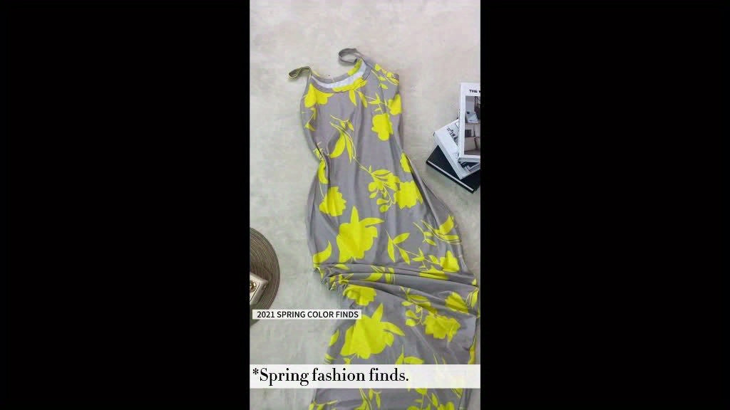 Elegant Floral Print Bodycon Maxi Dress, Polyester Knit Fabric, Crew Neck Sleeveless Long Dress for Women, All-Season, Halter Dress