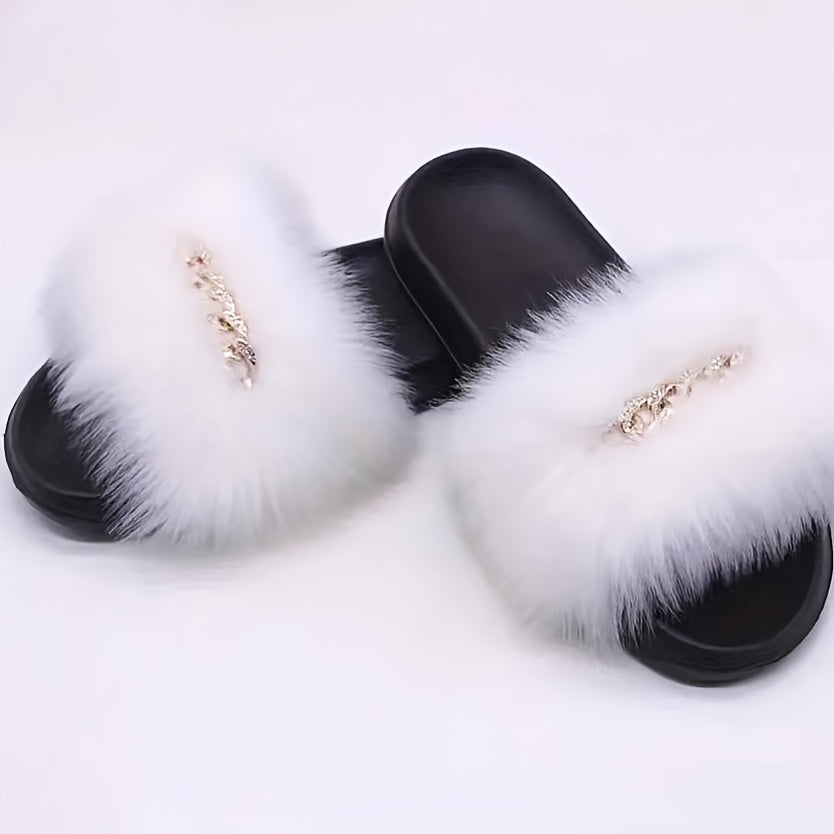 Women's Faux Fur Slip-On Sandals - Open-Toe Summer Slide Shoes with Back Strap, Plush Comfort & Elegant Design for Casual Outings, Beach, Lounging